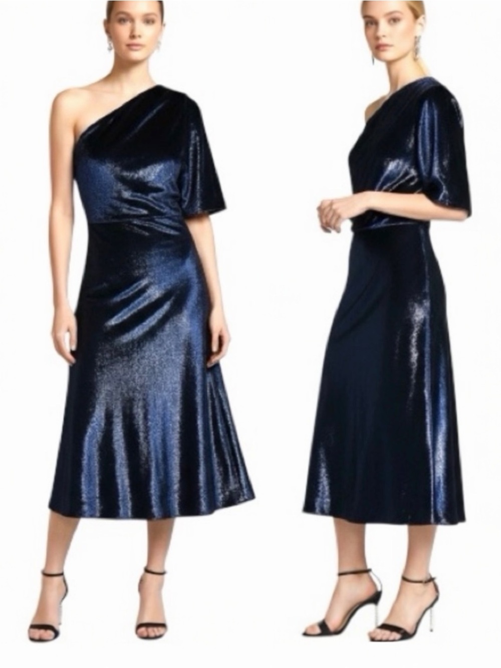 Amsale Women’s Off-Shoulder Metallic Velvet Draped Bodice Slim Skirt Midi Dress
